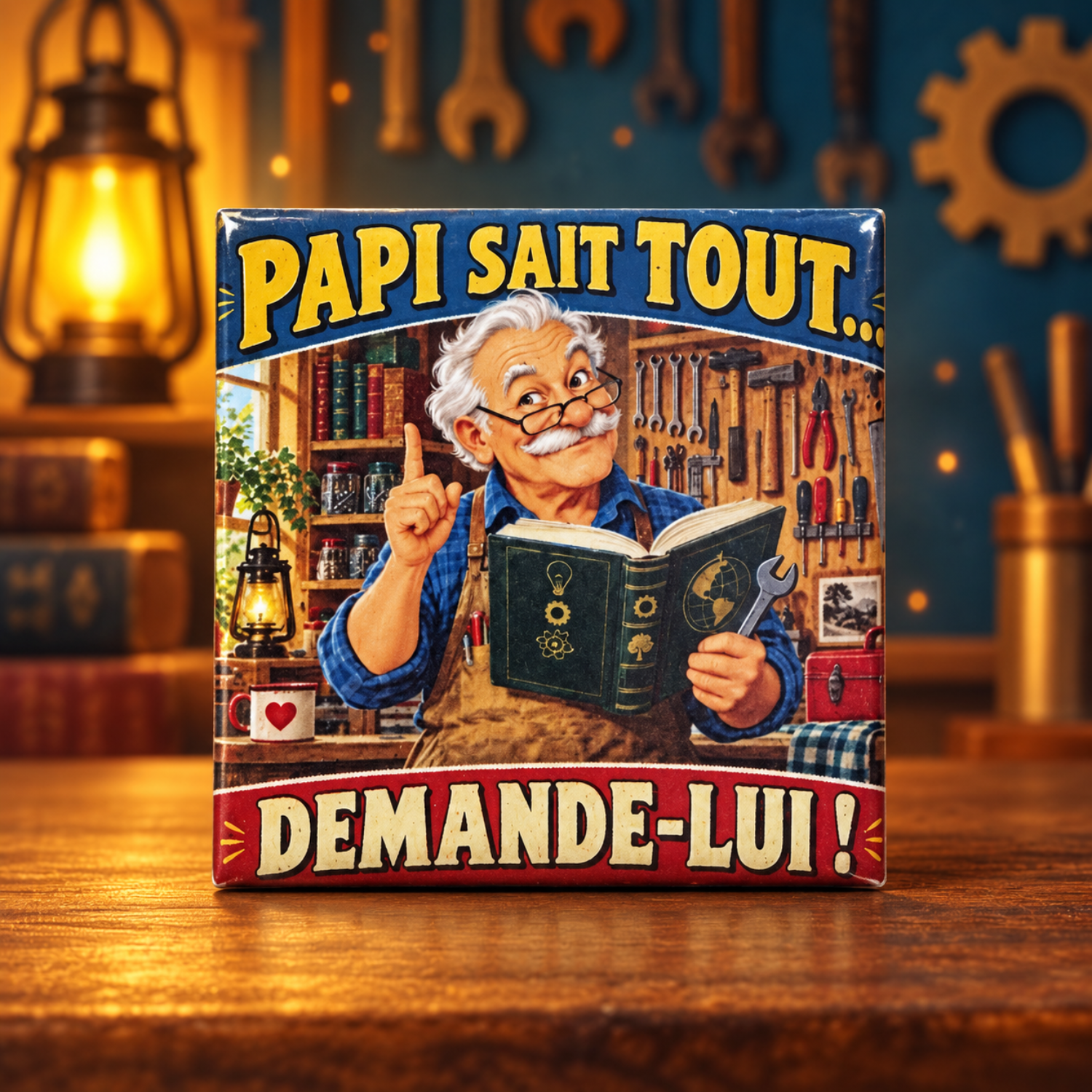 Magnet Papi sait tout demande lui — carré 5 × 5 cm