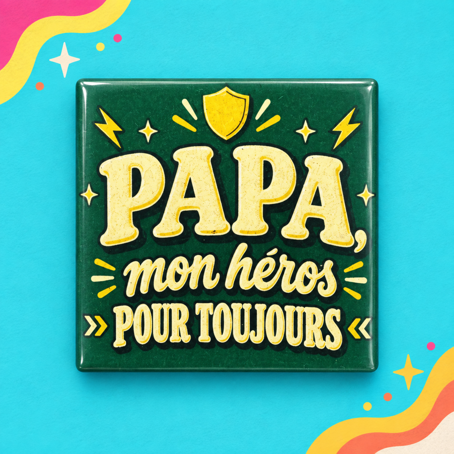 Magnet Papa mon héros pour toujours — carré 5 × 5 cm