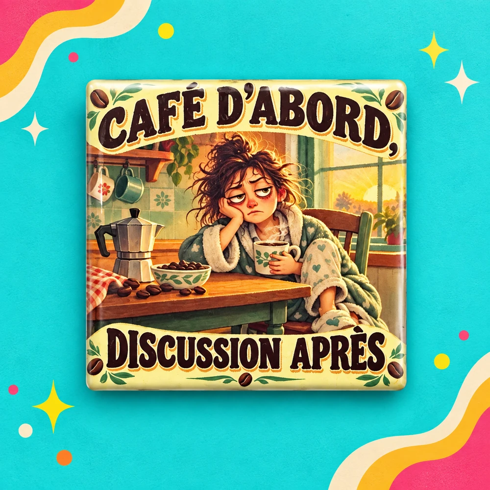 Magnet Café d’abord — carré 5 × 5 cm