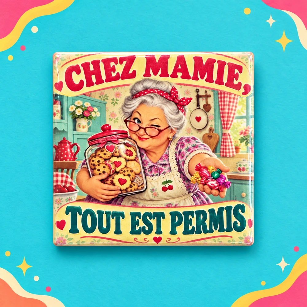 Magnet Chez Mamie, tout est permis — carré 5 × 5 cm